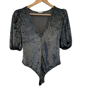 Free People Intimately Green Grey V-Neck Velvet Short Sleeve Body Suit‎ Leotard